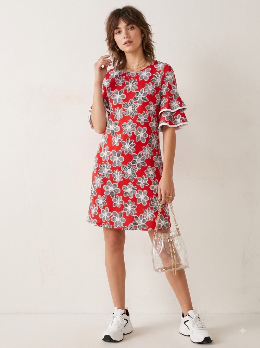 Tacera Red Floral Tiered Sleeve Shift Dress Size Small